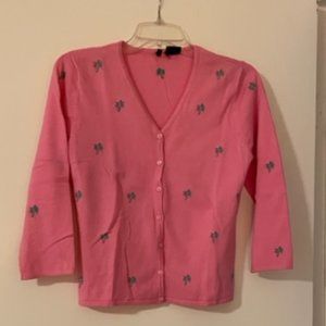 Palm tree design on bright pink sweater, ladies small size.